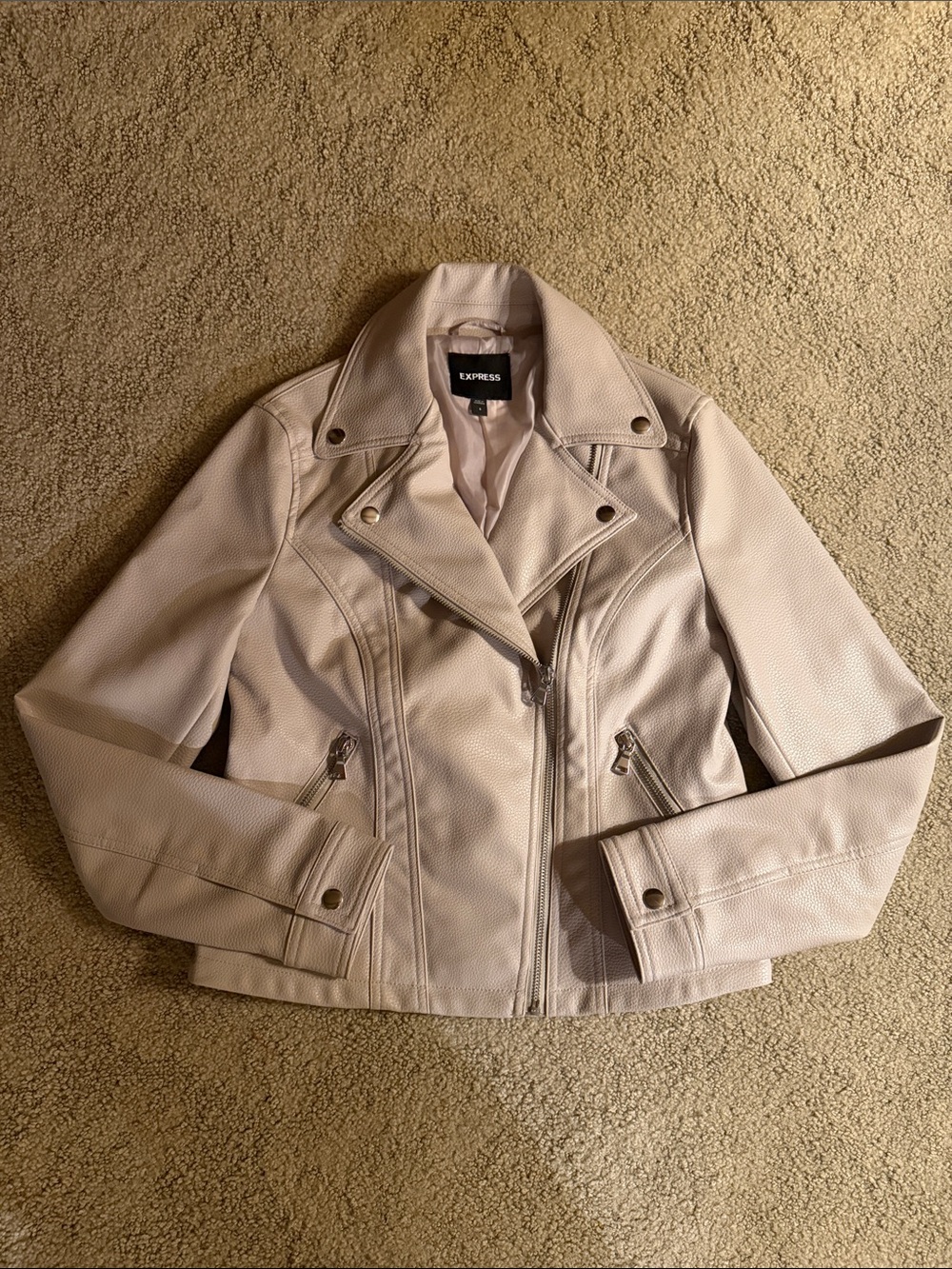 Express Women's Light Cream Faux Leather Moto Jacket - Small